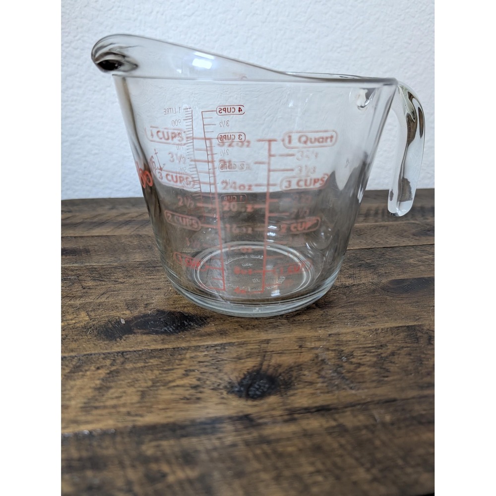 Vintage Anchor Hocking 4-Cup Glass Measuring Cup | Red Lettering 1-Quart | USA